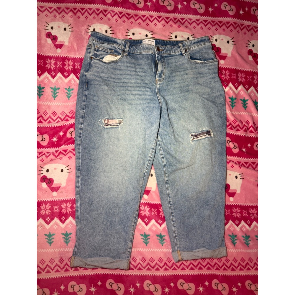 Lane Bryant Plaid Patch Distressed Boyfriend Jeans Light Wash Cuffed Denim 18